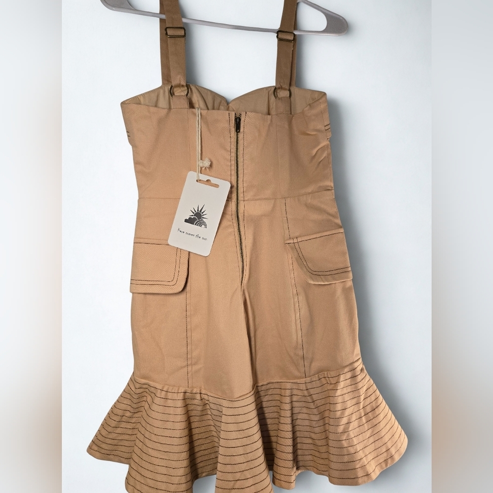 Tan Mini Dress with Flared Hem - Picture 4 of 9